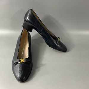Salvatore Ferragamo Navy Blue Leather Kitten Heels Gold-logo Buckle Hardware